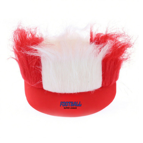 A headband wig featuring red and white faux fur, designed for sports or themed events. It has a logo on the front.