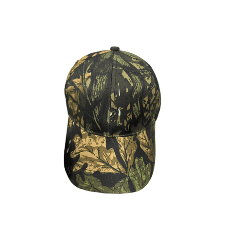 A camouflage 6 panel cap featuring green, brown, and black leaf patterns. The cap has a logo on the side.