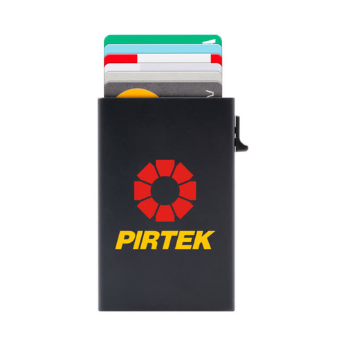 A black RFID case containing multiple cards, featuring a logo on the front.