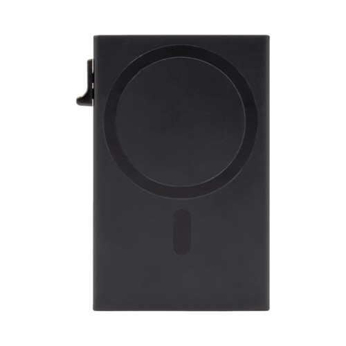 A black RFID case with a circular design and clip attachment. It features a sleek and minimalistic appearance.