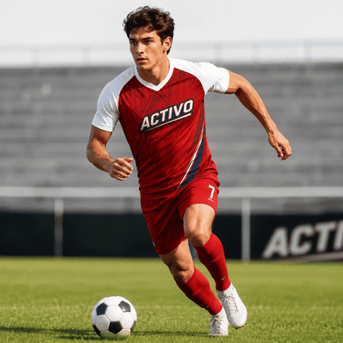 A sports tee shirt in red and white with a logo, featuring a V-neck and raglan sleeves, showcased by a model kicking a soccer ball.