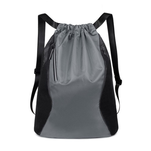 A grey and black sports drawstring backpack with mesh sides and a zippered pocket. It has adjustable straps.