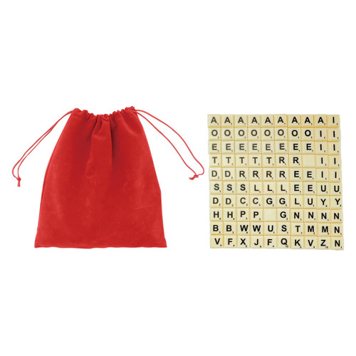 A red drawstring bag alongside a set of square wooden letter tiles in a grid layout, featuring various letters.