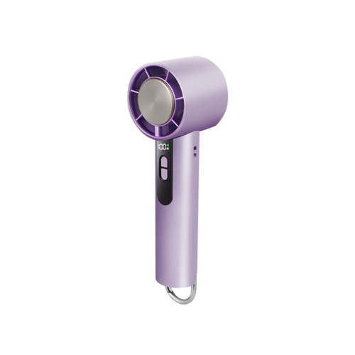 A high-speed cooling fan in a sleek purple design, featuring a circular head and a control button.