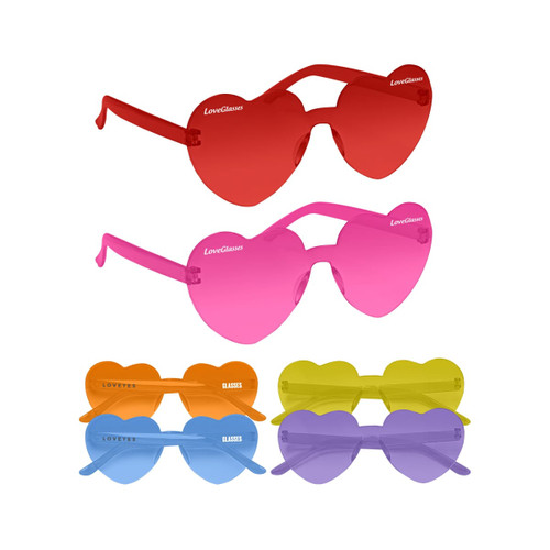 Heart-shaped party glasses in red, pink, orange, yellow, and purple. Each pair features a logo on the side.