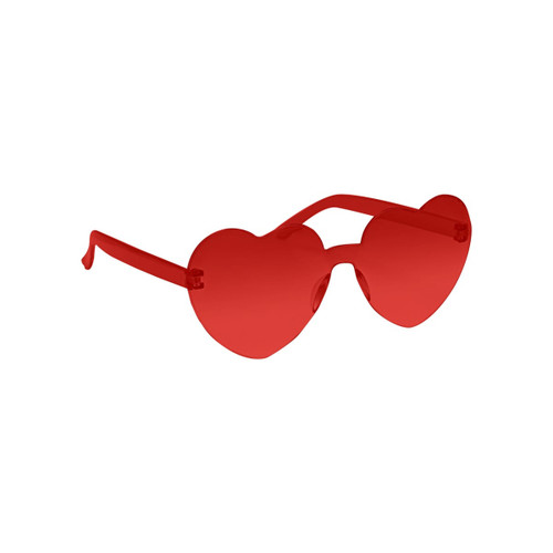 Red heart-shaped party glasses with transparent frames and tinted lenses. Features a logo on the side.