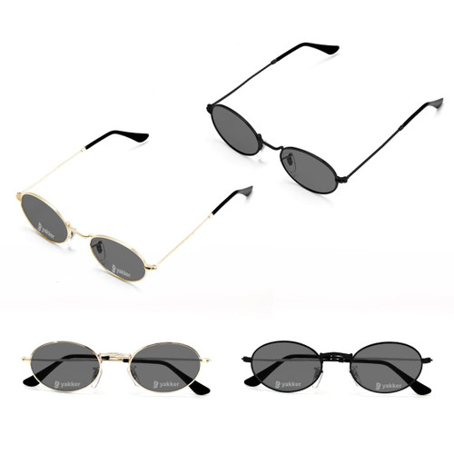 Oval retro sunglasses in black and gold frames, featuring dark lenses and sleek designs. Includes logo branding.