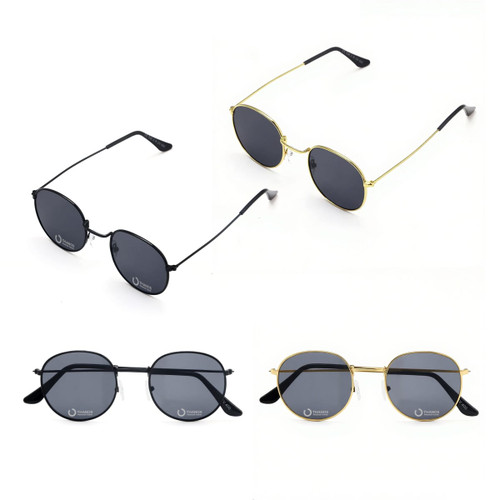 Classic metal sunglasses in black and gold frames, featuring grey lenses and sleek designs. Includes a logo on some pairs.