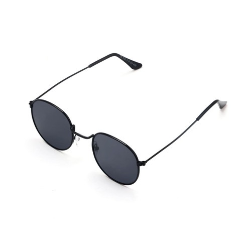 Classic metal sunglasses with round black lenses and a sleek black frame. They feature slim arms and a minimalistic design.