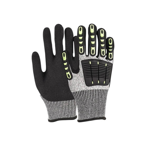 Heavy duty safety work gloves in black and grey, featuring reinforced thumb web and protective grips on the palm.
