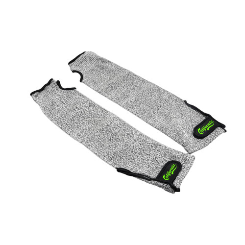 Cut resistant sleeves in grey with black edges and a branding logo. Two pieces are displayed side by side.