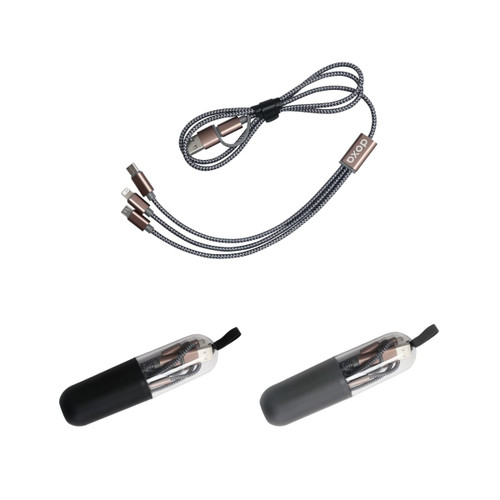 A capsule-shaped storage case containing a multi-cable charging cord in grey and black with a logo.