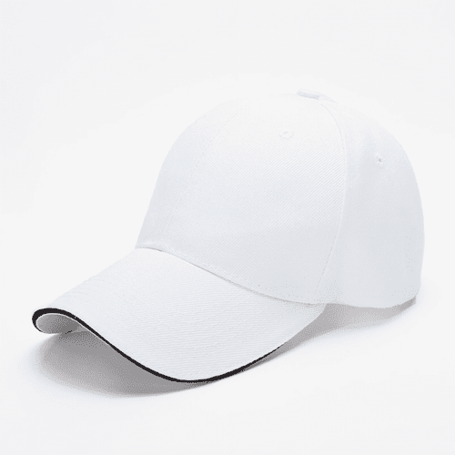 A white 6-panel sandwich peak cap with a contrasting black trim and a logo on the front.