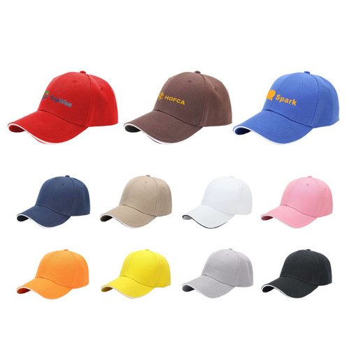A series of six-panel caps in various colours, including red, brown, blue, navy, beige, white, pink, orange, yellow, grey, and black. Each cap features a logo.
