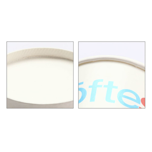 A custom gelato cup in white with a light blue logo, featuring a smooth, clean interior.