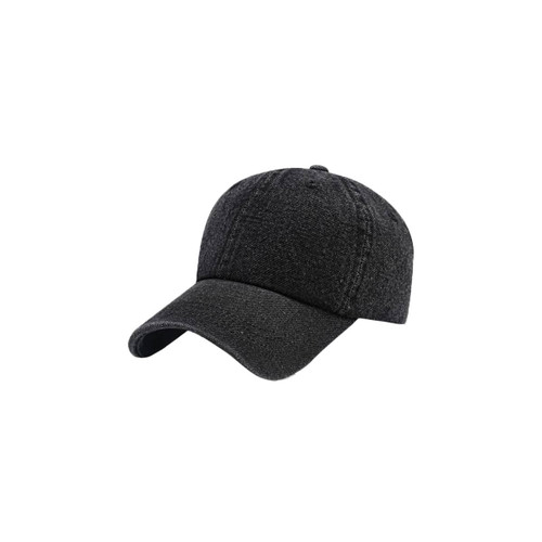 A dark denim baseball cap with a curved brim and embroidered details, featuring a logo on the side.
