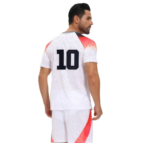 A breathable crew neck T-shirt in white with orange gradient detailing and a black number 10 on the back. Features a logo.