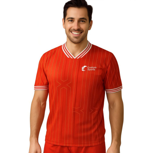 A red half V-neck raglan T-shirt with white stripes and a logo on the chest, featuring short sleeves.