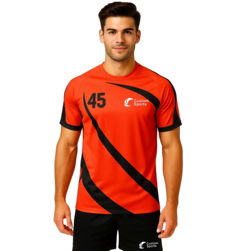 An orange and black crew neck raglan sport tee shirt featuring a logo and the number 45.