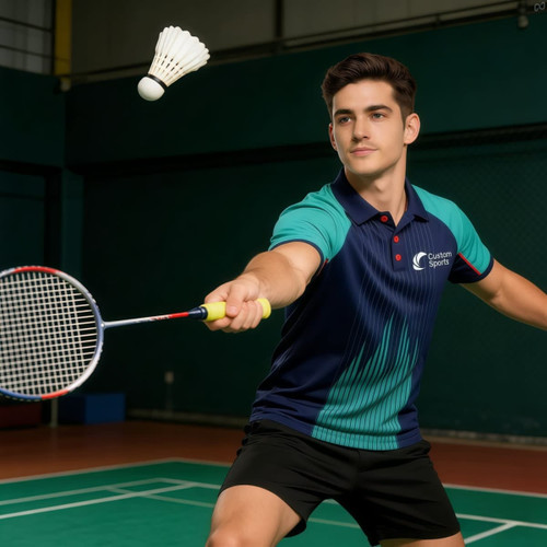 A young man wearing a navy and teal polo shirt with a logo plays badminton, swinging a racket at a shuttlecock.