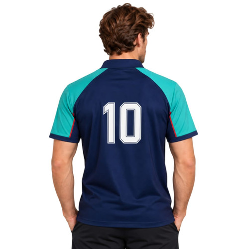 A navy blue and teal polo shirt featuring a sporty raglan design and the number 10 on the back.