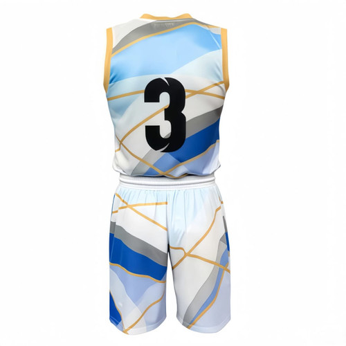 A sleeveless sport jersey featuring a blue, grey, and white abstract design with a contrasting number on the back.