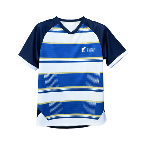 A blue and white polyester micro mesh V-neck raglan T-shirt with striped design and a logo.