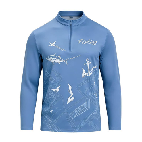 A light blue fishing pullover with a 1/4 zip, featuring marine-inspired graphics and a logo.