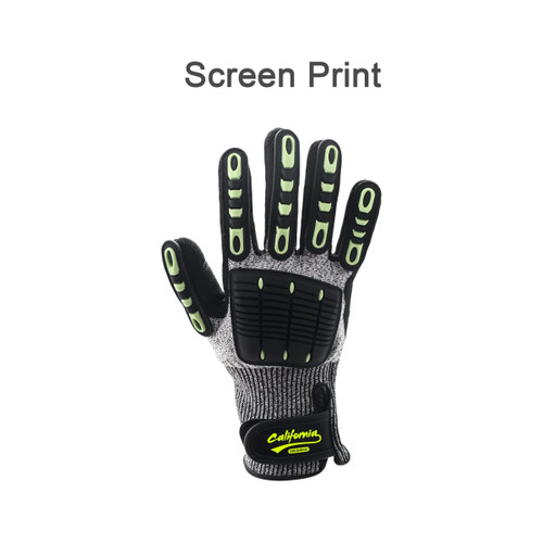 Heavy duty safety work glove with a grey and black design, featuring lime green accents and a palm guard.