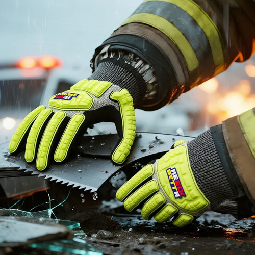 Heavy duty safety work gloves in bright yellow and grey, featuring a textured grip on a hand holding a saw amidst debris.
