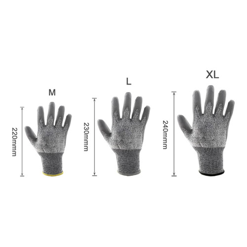 Cut resistant PU gloves in grey, displayed in three sizes: M, L, and XL, with varying cuff colours.