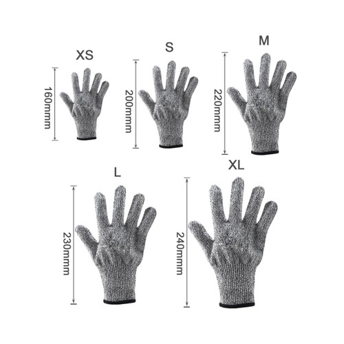 A set of five cut resistant gloves in grey, displayed in various sizes from XS to XL, with measuring dimensions indicated.