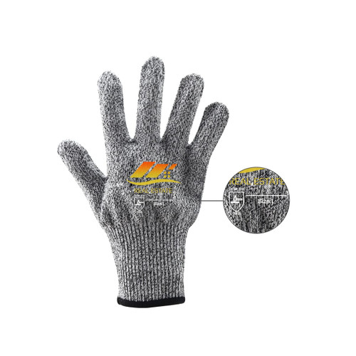 A pair of grey cut-resistant gloves with a textured surface and a logo on one side.