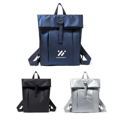A tarpaulin roll top backpack in navy, black, and silver, featuring adjustable straps and a logo.