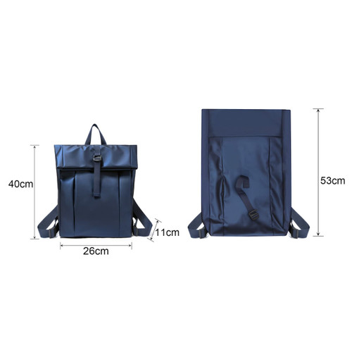 A navy tarpaulin roll top backpack with adjustable straps and a top handle, featuring a simple, sleek design.
