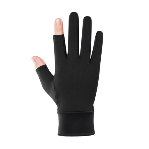 Black sun protective gloves featuring two open fingers for easy dexterity. The gloves have a fitted design and a logo.