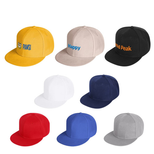 A collection of six 6 Panel Trucker Caps in yellow, beige, black, white, red, navy, and blue, each with a logo.