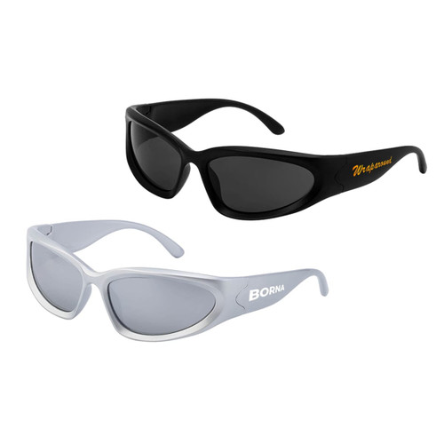 Two pairs of wraparound sunglasses, one in black with branding and the other in grey with white detailing.