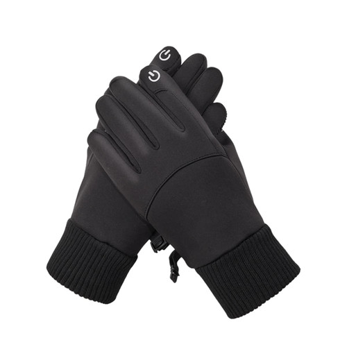 A pair of black touchscreen winter gloves with ribbed cuffs and power buttons on the fingertips.