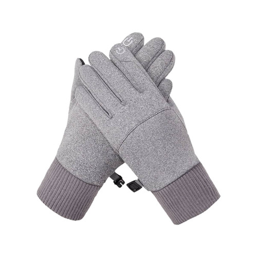 A pair of grey touchscreen winter gloves with ribbed cuffs and a logo.