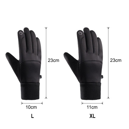 Touchscreen winter gloves in black, displayed in two sizes—L and XL—with dimensions indicated.