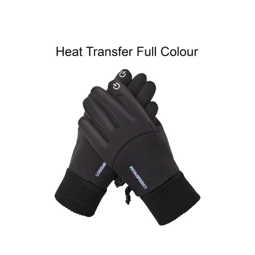 Black touchscreen winter gloves with ribbed wrist cuffs and a logo. They feature a smooth, sleek design.