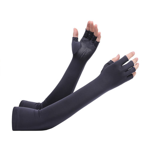 Long sleeve, fingerless gloves in dark navy, featuring a snug fit and textured grip on the palms.