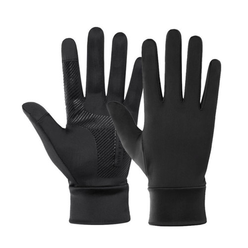 Full finger gloves in black with a textured grip on the palm and a smooth finish. Features a logo on one side.
