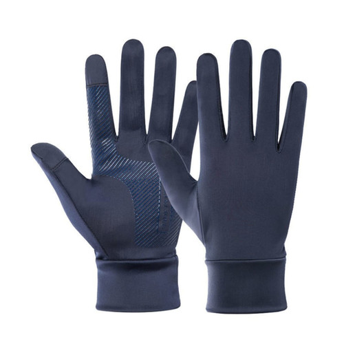Full finger gloves in navy blue with a textured grip section on the palm. Features a logo on the wrist area.