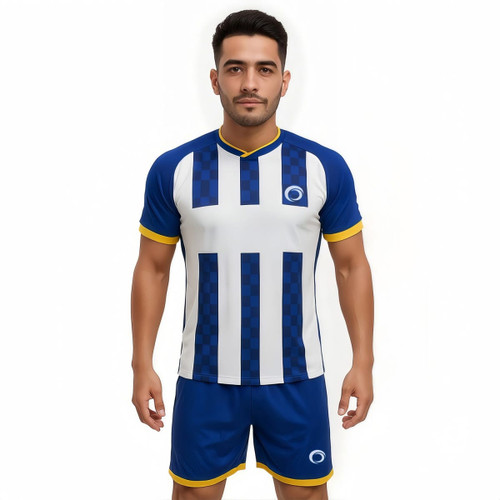 A fitted blue and white striped t-shirt with yellow accents, paired with matching blue shorts. Features a logo.