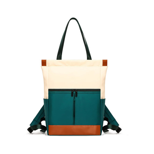 A convertible nylon backpack in cream, teal, and brown with adjustable straps and a top handle. It features a front zip pocket.