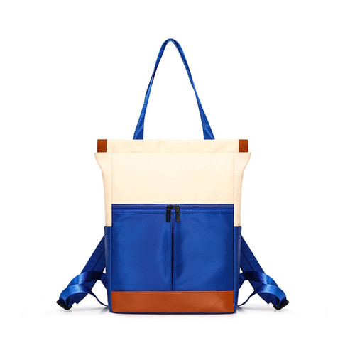 A convertible backpack to tote bag in cream and blue, featuring shoulder straps and a front zip pocket.