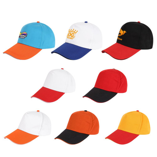 A collection of caps featuring various colour combinations including orange, blue, black, white, red, and yellow, with logos.