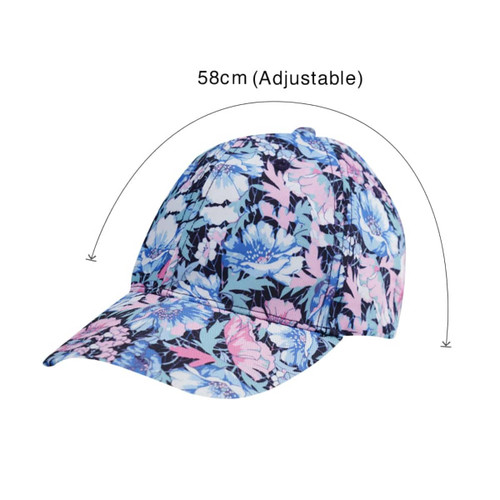 A floral-patterned six-panel custom cap in shades of blue and pink, featuring an adjustable fit.